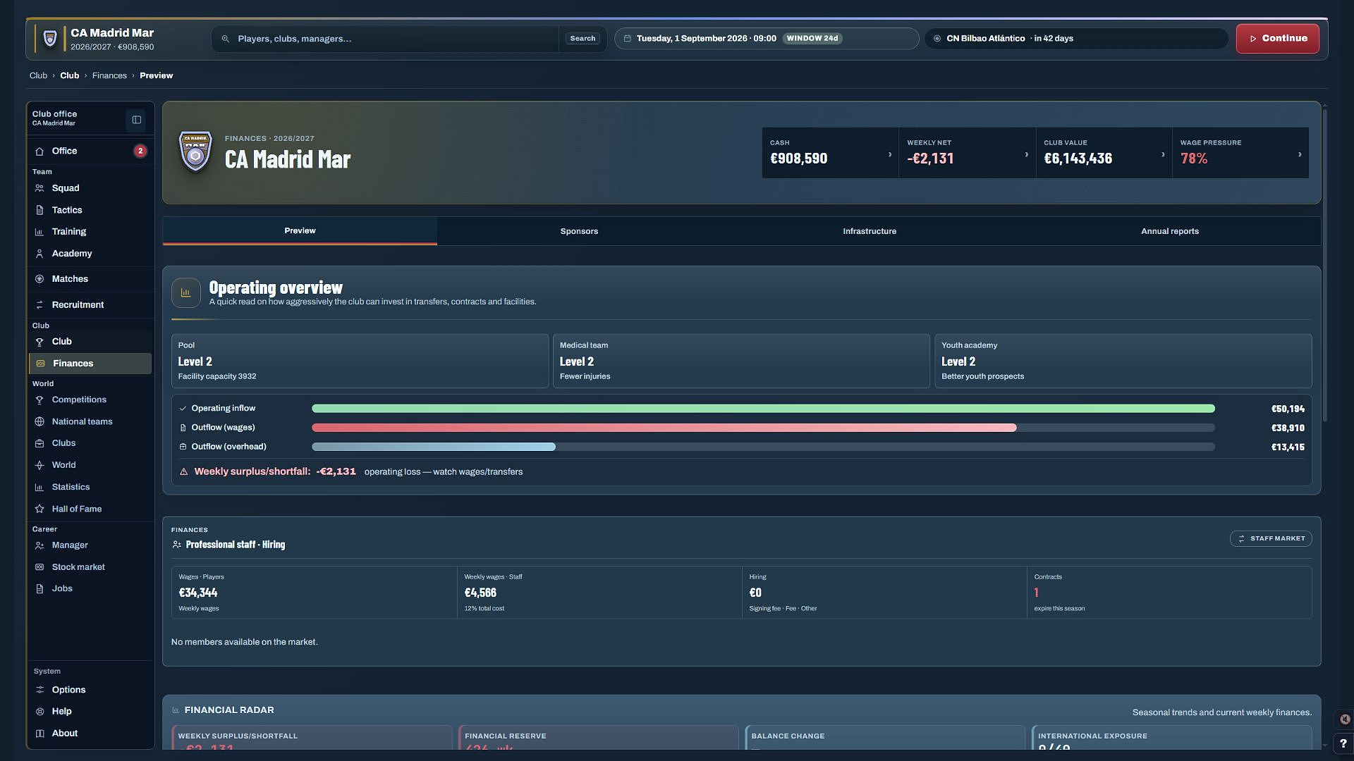 Club finances in Water Polo Manager 2026: cash, weekly balance, wages, overheads and infrastructure levels