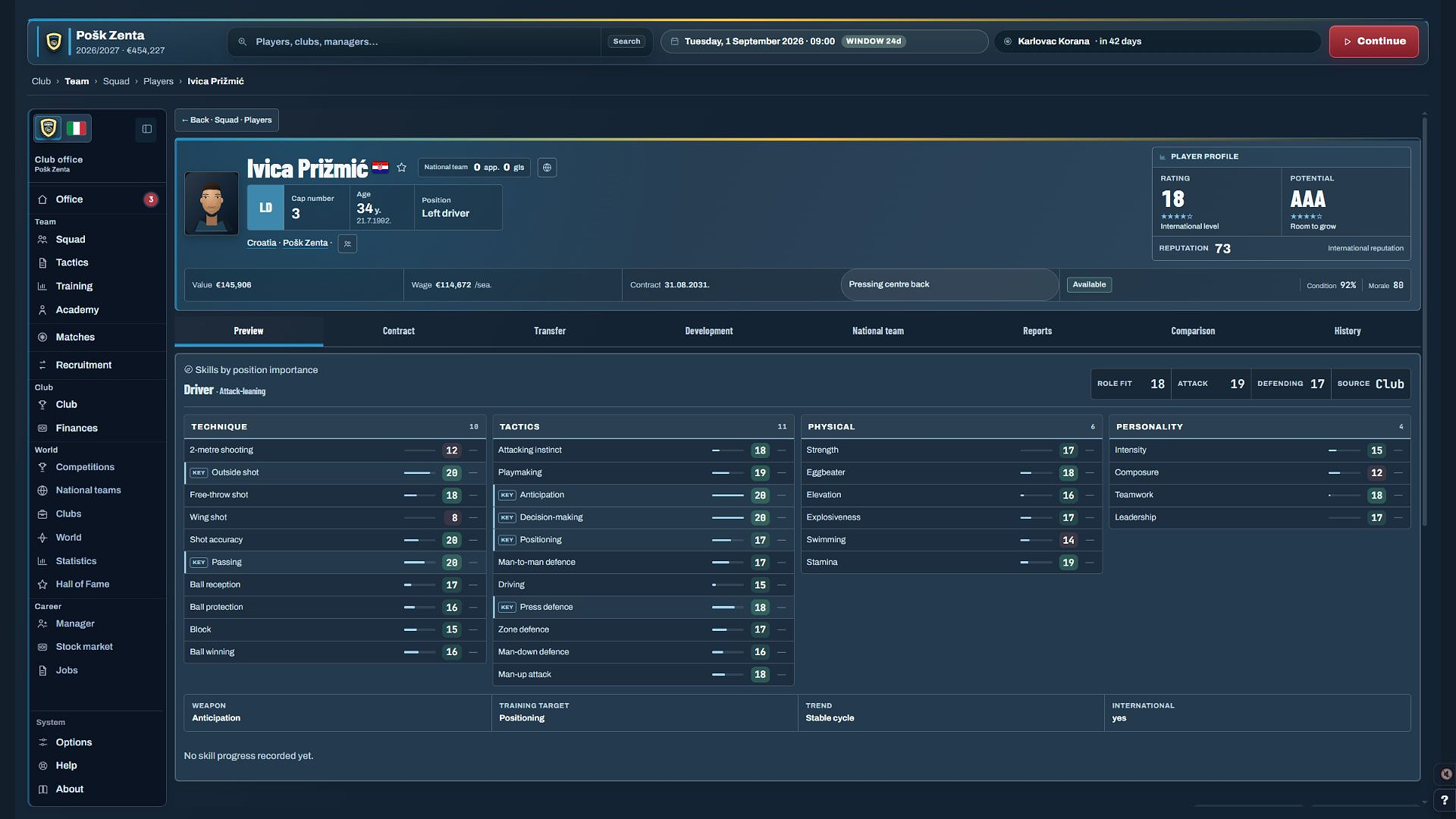 Player profile in Water Polo Manager 2026 with skills grouped into technique, tactics, physical and personality